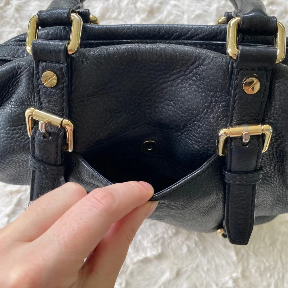 Michael Kors Satchel Handbag Black Pebbled Leather Gold Buckle Hardware Classic
